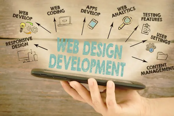 Hand holding tablet displaying "Web Design Development" with icons illustrating web development aspects like responsive design, web coding, apps development, web analytics, testing features, user settings, and content management, relevant to ValMar Digital's digital marketing services.